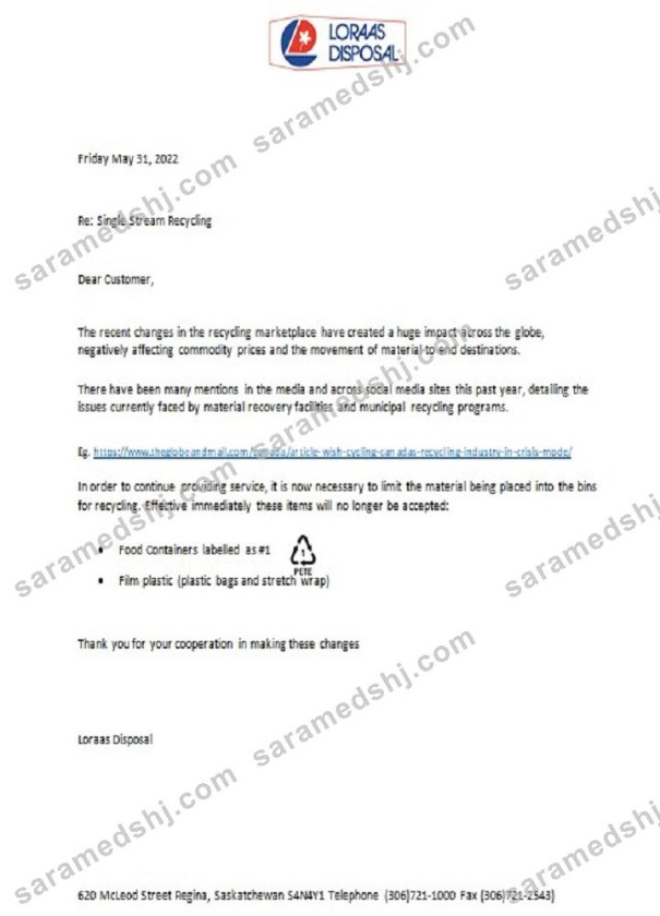 Canada Saskatchewan Loraas Disposal recycling utility shut off notice